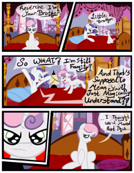 Size: 3500x4500 | Tagged: safe, artist:becauseimpink, elusive, rarity, silver bell, sweetie belle, pony, unicorn, comic:transition, angry, bed, colt, comic, dialogue, male, pillow, rule 63, stallion, transgender, yelling
