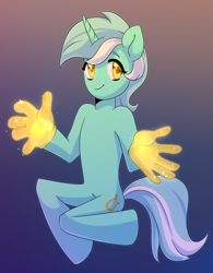 Size: 1386x1773 | Tagged: safe, artist:tigra0118, lyra heartstrings, semi-anthro, unicorn, anatomically incorrect, background pony, chibi, female, hand, incorrect leg anatomy, looking at you, magic, magic hands, mare, solo, that pony sure does love hands