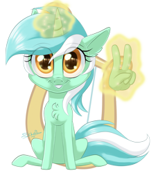 Size: 800x879 | Tagged: safe, artist:unisoleil, lyra heartstrings, pony, chest fluff, chibi, female, looking at you, magic, mare, peace sign, signature, simple background, smiling, solo, transparent background