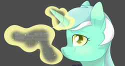 Size: 4096x2160 | Tagged: safe, artist:ev04kaa, lyra heartstrings, pony, unicorn, cute, glock, glock 17, gun, looking at you, lyrabetes, magic, pistol, rcf community, solo, weapon