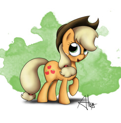 Size: 1024x1047 | Tagged: safe, artist:artryx, applejack, earth pony, pony, female, looking up, mare, open mouth, raised hoof, signature, solo