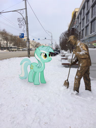 Size: 2448x3264 | Tagged: safe, artist:albertuha, lyra heartstrings, pony, unicorn, female, irl, mare, photo, ponies in real life, snow, solo, statue, winter