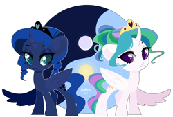 Size: 7250x4900 | Tagged: safe, artist:feekteev, princess celestia, princess luna, alicorn, pony, absurd resolution, duo, female, mare, moon, royal sisters, siblings, sisters, sun