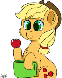 Size: 1600x2000 | Tagged: safe, artist:an-honest-appul, applejack, earth pony, pony, apple, chest fluff, food, newbie artist training grounds, saddle bag, solo