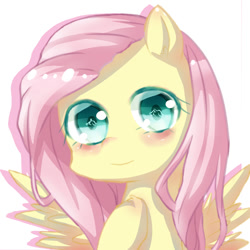 Size: 600x600 | Tagged: safe, artist:dudu, fluttershy, pegasus, pony, bust, cute, hoof on chest, looking at you, pixiv, portrait, shyabetes, simple background, solo, spread wings, white background, wings