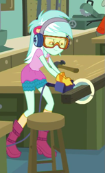 Size: 415x678 | Tagged: safe, screencap, lyra heartstrings, normal norman, equestria girls, equestria girls series, schedule swap, spoiler:eqg series (season 2), boots, canterlot high, circular saw, clothes, cropped, earmuffs, female, gloves, goggles, hammer, offscreen character, shoes, smiling