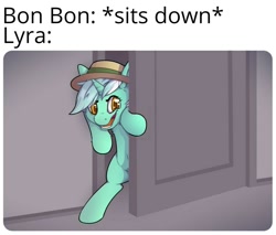 Size: 1101x939 | Tagged: safe, artist:senaelik, edit, lyra heartstrings, pony, unicorn, bipedal, door, female, funny, hat, implied bon bon, implied sweetie drops, mare, meme, solo, tom and jerry