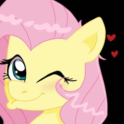 Size: 768x768 | Tagged: safe, artist:ozzybae, fluttershy, pegasus, pony, black background, bust, heart, looking at you, one eye closed, portrait, simple background, solo, wink