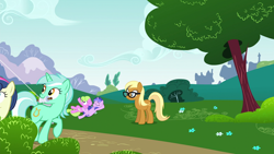 Size: 1920x1080 | Tagged: safe, screencap, apple cobbler, bon bon, daisy, flower wishes, lyra heartstrings, sea swirl, seafoam, sweetie drops, earth pony, pony, unicorn, no second prances, apple family member, background pony, eyes closed, female, glasses, mare, mouth hold, on back, park, tree