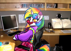 Size: 1008x720 | Tagged: safe, artist:witchtaunter, lyra heartstrings, pony, unicorn, casual friday, clown, clown makeup, clown nose, clown outfit, computer, meme, rainbow hair, reaction image, solo