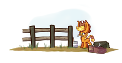 Size: 2900x1500 | Tagged: safe, artist:heir-of-rick, applejack, earth pony, pony, ear fluff, fence, hammer, impossibly large ears, large ears, mouth hold, newbie artist training grounds, repairing, solo