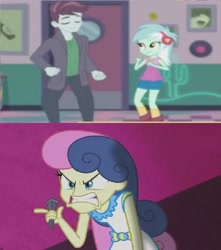 Size: 641x726 | Tagged: safe, edit, edited screencap, screencap, bon bon, lyra heartstrings, sweetie drops, track starr, all's fair in love and friendship games, better together, equestria girls, five stars, angry, background human, dancing, jealous