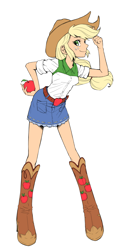 Size: 1500x3000 | Tagged: safe, artist:jud, applejack, human, equestria girls, apple, applejack's hat, belt, boots, clothes, cowboy hat, cute, female, food, freckles, hand on hip, hat, humanized, jackabetes, looking at you, pixiv, shirt, shoes, simple background, skirt, smiling, solo, white background
