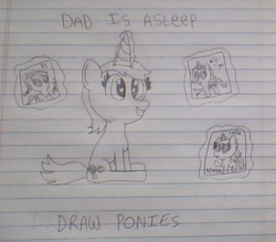 Size: 611x535 | Tagged: safe, artist:nightshadowmlp, applejack, lyra heartstrings, oc, oc:game point, oc:ola tiger, earth pony, pony, applejack's hat, cowboy hat, glowing horn, hat, implied drawing, implied father, lined paper, magic, mods are asleep, mods are asleep post ponies, paper, smiling, stetson, text, traditional art