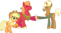 Size: 5590x3060 | Tagged: safe, artist:osipush, applejack, big macintosh, trenderhoof, earth pony, pony, absurd resolution, clothes, commission, cowboy hat, eyes closed, flash puppet, freckles, glasses, hat, hoofbump, inkscape, male, open mouth, raised hoof, stallion, stetson, vector