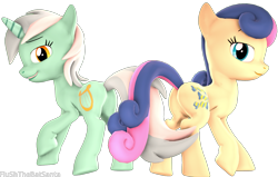 Size: 4088x2602 | Tagged: safe, artist:flushthebatsanta, bon bon, lyra heartstrings, sweetie drops, earth pony, pony, unicorn, 3d, female, intertwined tails, lesbian, looking at you, looking back, looking back at you, lyrabon, mare, open mouth, plot, raised hoof, shipping, simple background, smiling, source filmmaker, tail, transparent background