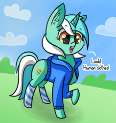 Size: 1929x2032 | Tagged: safe, artist:artiks, lyra heartstrings, pony, unicorn, clothes, cloud, cute, dialogue, female, hoodie, lyrabetes, mare, sky, smiling, socks, solo, striped socks