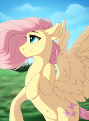 Size: 3300x4500 | Tagged: safe, artist:silentwulv, fluttershy, pegasus, pony, absurd resolution, belly button, female, high res, looking away, looking up, mare, rearing, solo, spread wings, wind, windswept mane, wings