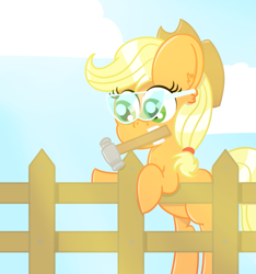 Size: 1401x1500 | Tagged: safe, artist:pastelhorses, applejack, earth pony, pony, cloud, fence, hammer, solo