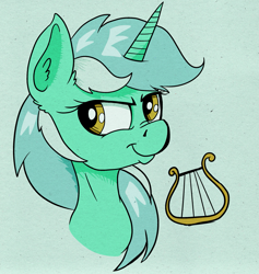 Size: 1325x1400 | Tagged: safe, artist:paskanaakka, derpibooru exclusive, lyra heartstrings, pony, unicorn, bust, ear fluff, female, mare, nose wrinkle, portrait, smiling, smirk, solo