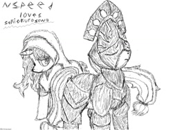 Size: 900x675 | Tagged: safe, artist:speedway-king, applejack, oc, earth pony, pony, armor, clothes, crossover, demon souls, garl vinland, maiden astraea, monochrome, protecting, robe, traditional art