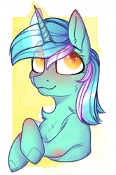 Size: 604x912 | Tagged: safe, artist:matteo-ssssem-molb, lyra heartstrings, pony, unicorn, abstract background, blushing, bust, cheek fluff, chest fluff, colored pupils, cute, ear fluff, eye clipping through hair, eyebrows visible through hair, leg fluff, lyrabetes, solo