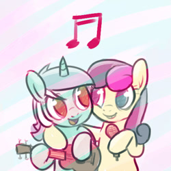 Size: 400x400 | Tagged: safe, artist:naroclie, bon bon, lyra heartstrings, sweetie drops, earth pony, pony, unicorn, female, mare, microphone, music notes, smiling, ukulele