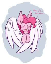 Size: 1200x1500 | Tagged: safe, artist:heir-of-rick, pinkie pie, princess celestia, alicorn, earth pony, pony, comfy, dialogue, duo, ear fluff, eyes closed, female, heart, hug, impossibly large ears, mare, tongue out, winghug, wings