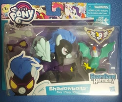 Size: 1825x1531 | Tagged: safe, rarity, cockatrice, pony, unicorn, clothes, costume, goggles, guardians of harmony, irl, photo, shadowbolts, shadowbolts costume, toy