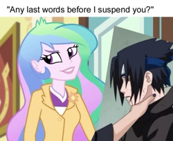 Size: 545x445 | Tagged: safe, edit, edited screencap, editor:pony-berserker, screencap, princess celestia, principal celestia, equestria girls, choking, meme, naruto, style clash, text, uchiha sasuke