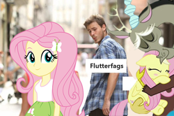 Size: 640x426 | Tagged: safe, edit, discord, fluttershy, human, pony, equestria girls, /mlp/, distracted boyfriend meme, human ponidox, meme, self ponidox, vulgar, waifu