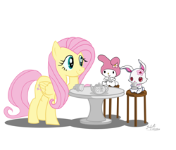 Size: 1600x1363 | Tagged: safe, artist:seifera, fluttershy, pegasus, pony, rabbit, crossover, cup, jewelpet, my melody, ruby (jewelpet), sanrio, sega, tea party, teacup