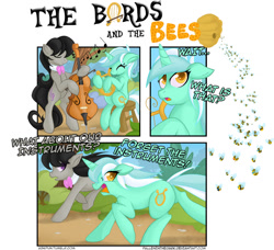 Size: 1280x1168 | Tagged: safe, artist:falleninthedark, lyra heartstrings, octavia melody, bee, earth pony, pony, unicorn, ask, ask pun, beehive, cello, comic, duo, female, fourth wall, lyre, mare, musical instrument, not the bees, this will end in death, this will end in tears, this will end in tears and/or death