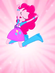 Size: 1536x2048 | Tagged: safe, pinkie pie, equestria girls, balloon, boots, clothes, commercial, cute, eyes closed, female, happy, high heel boots, jumping, magic of friendship (equestria girls), music video, open mouth, pink background, simple background, skirt, solo, sparkles