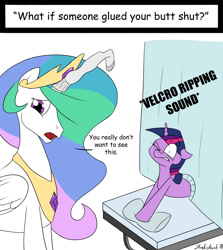 Size: 905x1014 | Tagged: safe, artist:strebiskunk, princess celestia, twilight sparkle, alicorn, pony, ask, ask horn warmer twilight, curtain, duo, female, horn sock, implied glue, mare, one eye closed, sock, teary eyes, the implications are horrible, tumblr, wince