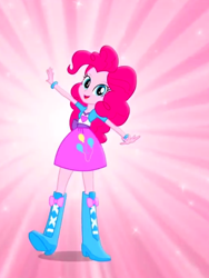 Size: 1536x2048 | Tagged: safe, pinkie pie, equestria girls, balloon, boots, bracelet, clothes, commercial, cute, female, high heel boots, jewelry, looking at you, magic of friendship (equestria girls), music video, open mouth, pink background, raised leg, simple background, skirt, solo, sparkles