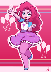 Size: 1000x1400 | Tagged: safe, artist:acesrockz, pinkie pie, equestria girls, balloon, clothes, cute, cutie mark, diapinkes, looking at you, raised leg, smiling, solo