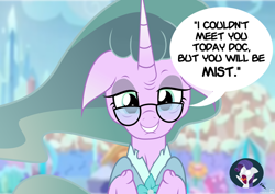 Size: 1024x726 | Tagged: safe, artist:jhayarr23, mistmane, rarity, pony, unicorn, elley-ray hennessey, female, glasses, mare, project seaponycon, pun, show accurate, voice actor joke