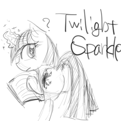 Size: 512x512 | Tagged: safe, derpibooru import, twilight sparkle, book, monochrome, sketch, solo, twibutt