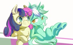 Size: 1315x822 | Tagged: safe, artist:初茗茉上tzxj, bon bon, lyra heartstrings, sweetie drops, earth pony, pony, unicorn, adorabon, colored pupils, cute, female, glasses, lesbian, looking at each other, lyrabetes, lyrabon, mare, missing cutie mark, shipping, simple background, smiling, underhoof, white background