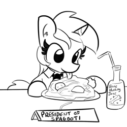 Size: 1280x1280 | Tagged: safe, artist:tjpones, lyra heartstrings, 30 minute art challenge, black and white, bone hurting juice, cute, food, grayscale, licking, mlem, monochrome, necktie, pasta, silly, solo, spaghetti, spagoots, tongue out