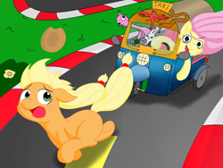 Size: 1200x900 | Tagged: safe, artist:periodicbrony, angel bunny, applejack, fluttershy, earth pony, pegasus, pony, chase, driving, hatless, missing accessory, psychoshy, road, running, trio, tuk tuk