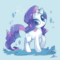 Size: 850x850 | Tagged: safe, artist:sibashen, rarity, pony, unicorn, blue background, crystal, cute, diamond, female, looking at you, mare, raised hoof, raribetes, simple background, solo