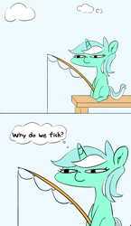 Size: 1388x2386 | Tagged: safe, artist:pabbley, lyra heartstrings, pony, unicorn, cloud, comic, ear fluff, female, fishing, fishing rod, mare, missing cutie mark, sitting, solo, thinking, thought bubble