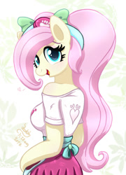 Size: 1010x1400 | Tagged: safe, artist:joakaha, fluttershy, anthro, unguligrade anthro, eqg summertime shorts, equestria girls, pet project, alternate hairstyle, arm hooves, big breasts, breasts, clothes, cute, female, heart, hootershy, looking at you, looking back, mare, off shoulder, open mouth, shirt, shyabetes, smiling, solo, wingless, wingless anthro