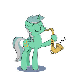 Size: 1000x1000 | Tagged: safe, artist:hardbrony, lyra heartstrings, pony, eyes closed, hoof hold, music notes, musical instrument, saxophone, simple background, solo, sticker, transparent background