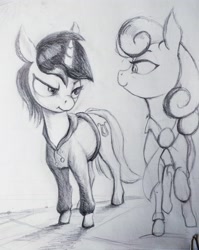 Size: 2801x3519 | Tagged: safe, artist:ponsce, bon bon, lyra heartstrings, sweetie drops, pony, clothes, hoodie, monochrome, necktie, traditional art