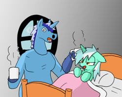 Size: 500x400 | Tagged: safe, artist:kushina13, lyra heartstrings, minuette, human, pony, unicorn, bed, disguise, fake minuette, female, in bed, mare, mug, ponysuit, sick
