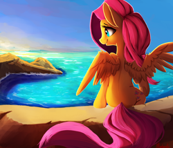 Size: 1400x1200 | Tagged: safe, artist:miokomata, fluttershy, pegasus, pony, cute, cute little fangs, fangs, female, head turn, looking away, mare, ocean, profile, rear view, scenery, signature, sitting, sky, solo, spread wings, water, wings