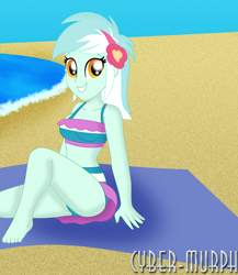 Size: 1800x2072 | Tagged: safe, artist:cyber-murph, lyra heartstrings, better together, equestria girls, belly, bikini, clothes, cute, feet, midriff, ocean, signature, sitting, sunbathing, swimsuit